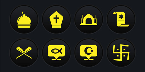 Set Holy book of Koran, Torah scroll, Christian fish, Star and crescent, Hindu spiritual temple, Pope hat, swastika and Muslim Mosque icon. Vector