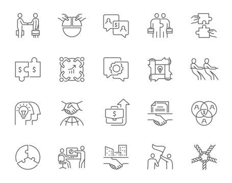 Vector line icons related to business cooperation and team collaboration. Contains such icons as unity, synergy, co-worker, brainstorming, interaction and more. Editable stroke.