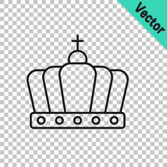 Black line King crown icon isolated on transparent background. Vector