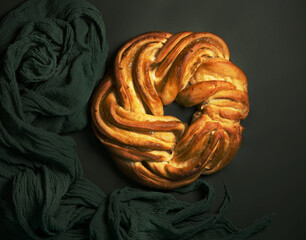 christmas cakes on a dark background. in the style of minimalism. The airy structure of the cake is emphasized by the airy fabric in the frame. Top view of a cake on a dark background with copy space.