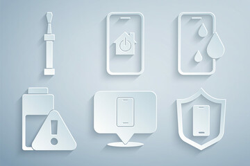 Set Phone repair service, Waterproof phone, Smartphone battery charge, Mobile with shield, smart home and Screwdriver icon. Vector