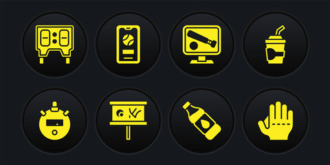 Set Stopwatch, Paper glass with water, Planning strategy, Bottle of, Monitor baseball game, Mobile, Baseball glove and mechanical scoreboard icon. Vector
