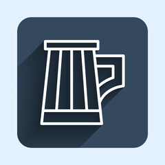 White line Wooden beer mug icon isolated with long shadow background. Blue square button. Vector