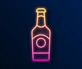 Glowing neon line Beer bottle icon isolated on black background. Vector
