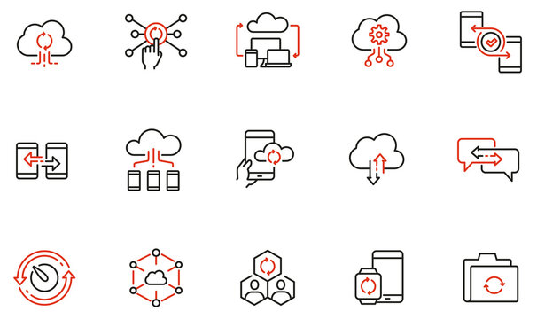 Vector set of linear icons related to network cloud service, cloud storage, data transfer and synchronization. Mono line pictograms and infographics design elements