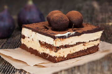 chocolate cake with buttercream , close up