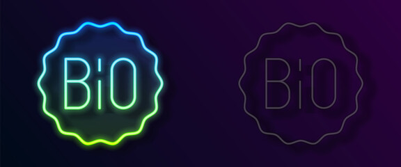 Glowing neon line Banner, label, tag, logo for bio green healthy food icon isolated on black background. Organic product. Healthy food sticker. Vector