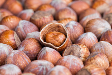 split hazelnuts on the table