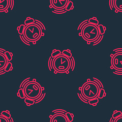 Red line Alarm clock icon isolated seamless pattern on black background. Wake up, get up concept. Time sign. Vector
