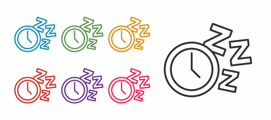 Set line Alarm clock icon isolated on white background. Wake up, get up concept. Time sign. Set icons colorful. Vector