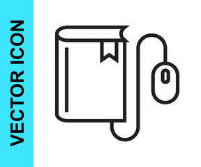 Black line Electronic book with mouse icon isolated on white background. Online education concept. E-book badge icon. Vector
