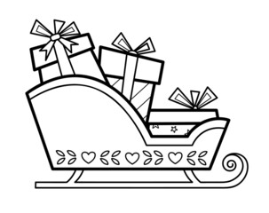 Christmas coloring book or page for kids. Christmas sled black and white  illustration