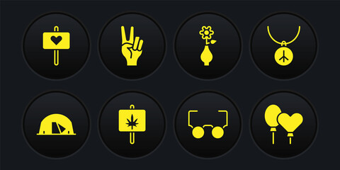 Set Tourist tent, Necklace with peace symbol, Marijuana, Glasses, Flower in vase, Peace, Balloons and icon. Vector