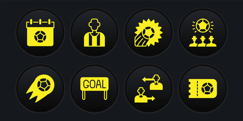 Set Soccer football ball, Goal soccer, Substitution player, Football or referee, ticket and calendar icon. Vector