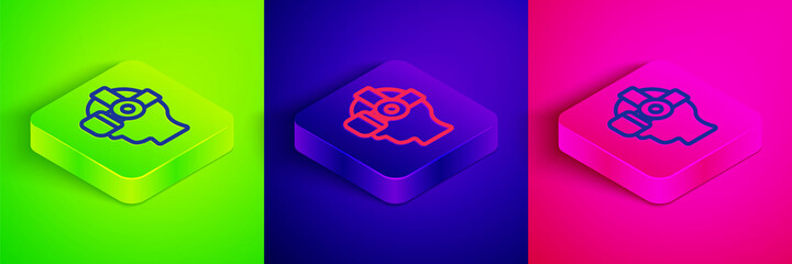 Obraz premium Isometric line Virtual reality glasses icon isolated on green, blue and pink background. Stereoscopic 3d vr mask. Optical head mounted display. Square button. Vector