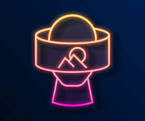 Glowing neon line Virtual reality glasses icon isolated on black background. Stereoscopic 3d vr mask. Optical head mounted display. Vector