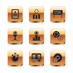 Set Football or soccer card, Stopwatch, betting money, Award over sports winner podium, cup and football, Goal, Soccer and referee icon. Vector