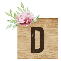 Watercolor wooden tile with capital letter D and flowers. Floral ABC, ornamental letter D