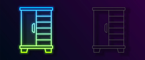 Glowing neon line Wardrobe icon isolated on black background. Cupboard sign. Vector