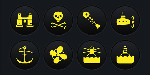 Set Anchor, Submarine, Boat propeller, Lighthouse, Dead fish, Skull on crossbones, Floating buoy and Binoculars icon. Vector