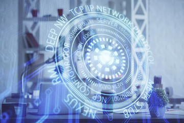 Double exposure of data theme drawing and office interior background. Concept of technology.