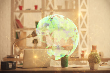 Double exposure of social network theme drawing and office interior background. Concept of web.