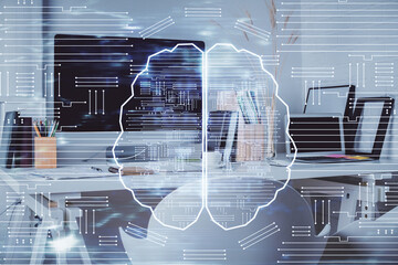 Double exposure of brain drawing and office interior background. Concept of data technology.