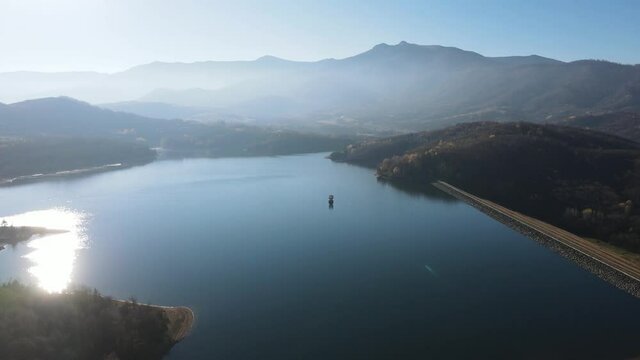 Aerial view of Srechenska Bara Reservoir, Montana Region, Bulgaria