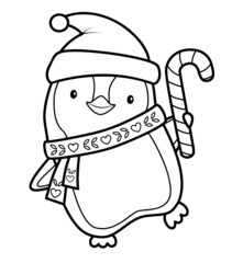 Christmas coloring book or page for kids. Christmas penguin black and white illustration