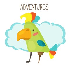Vector banner with a bright pirate parrot on one leg in cartoon childish style.