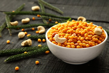 Bowl of kara boondi, bhoondi, , a spicy fried Indian snack food. namkeen, 