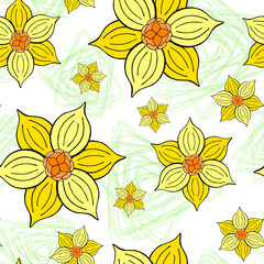 Abstract hand drawn triangles and fantasy flowers seamless pattern background. Stylized doodle floral motifs endless texture. Ditsy editable repeating surface design. Flat boundless botanic ornament