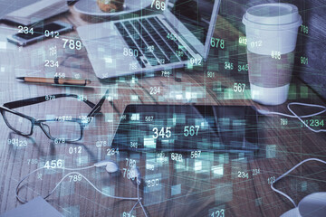 Double exposure of data theme drawing and mobile phone background. Concept of innovation