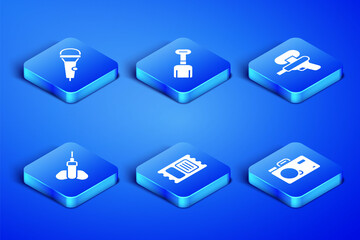 Set Photo camera, Microphone, Circus ticket, Dart arrow, Shovel toy and Water gun icon. Vector