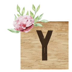 Watercolor wooden tile with capital letter Y and flowers. Floral ABC, ornamental letter Y