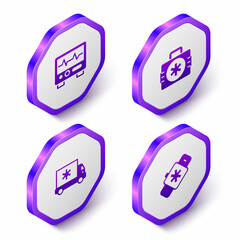 Set Isometric Monitor with cardiogram, First aid kit, Ambulance and Smart watch heart icon. Purple hexagon button. Vector