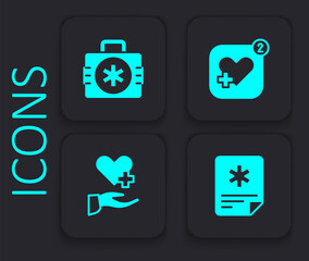 Set Patient record, First aid kit, Mobile with heart rate and Heart cross icon. Black square button. Vector