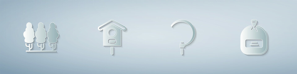 Fototapeta premium Set Fruit trees, Bird house, Sickle and Pack full of seeds. Paper art style. Vector