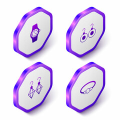 Set Isometric Wrist watch, Earrings, and Bracelet jewelry icon. Purple hexagon button. Vector