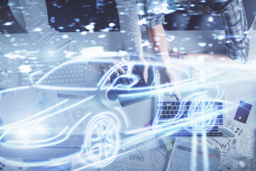 Double exposure of man and woman working together and a car drawing. Computer background. Top View. Autopilot concept.