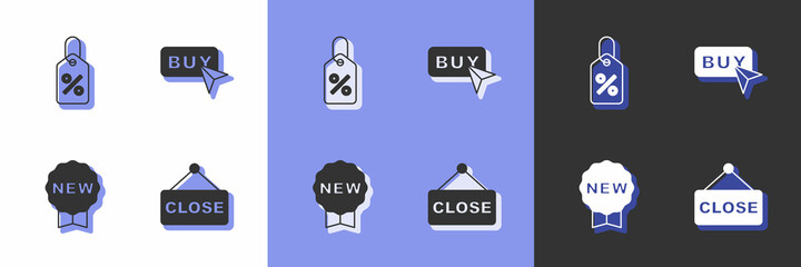 Set Hanging sign with text Closed, Discount percent tag, Price New and Buy button icon. Vector