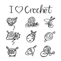 hand drawing crochet icons set - obrazy, fototapety, plakaty