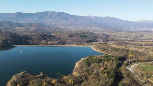Aerial view of Srechenska Bara Reservoir, Montana Region, Bulgaria