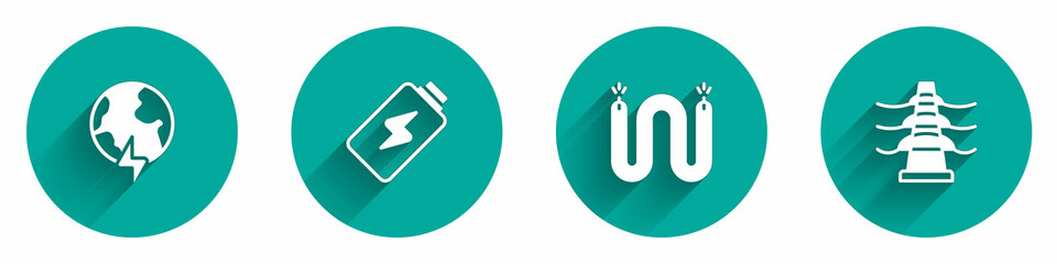 Set Global planet with thunderbolt, Battery charge, Electric cable and tower line icon with long shadow. Vector
