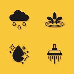 Set Cloud with rain, Shower, Water drop and icon with long shadow. Vector