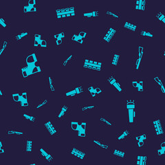 Set Hunter boots, Hunting gun, cartridge belt and Flashlight on seamless pattern. Vector