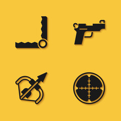 Set Trap hunting, Sniper optical sight, Medieval bow and arrow and Pistol or gun icon with long shadow. Vector
