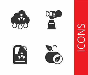 Set Apple, Acid rain radioactive cloud, Radioactive waste barrel and CO2 emissions icon. Vector