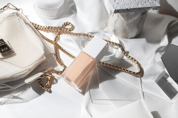 white fabric textile background with lifestyle, cosmetic makeup bottle lotion cream product with beauty fashion skincare healthcare mockup