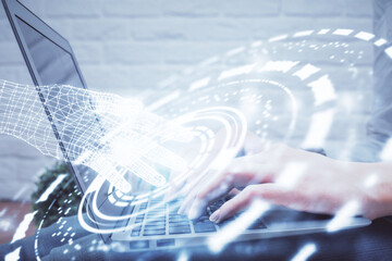 Double exposure of woman hands working on computer and data theme hologram drawing. Tech concept.